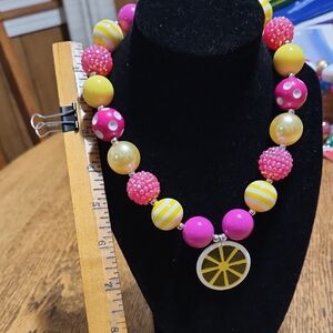 Chunky Pink and Yellow Beaded Jewelry Necklace